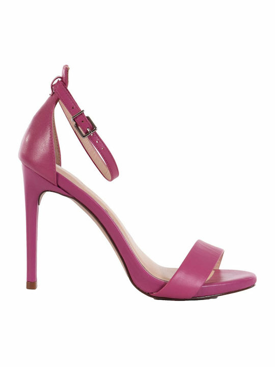 Chevalier Leather Women's Sandals with Ankle Strap Pink with Thin High Heel