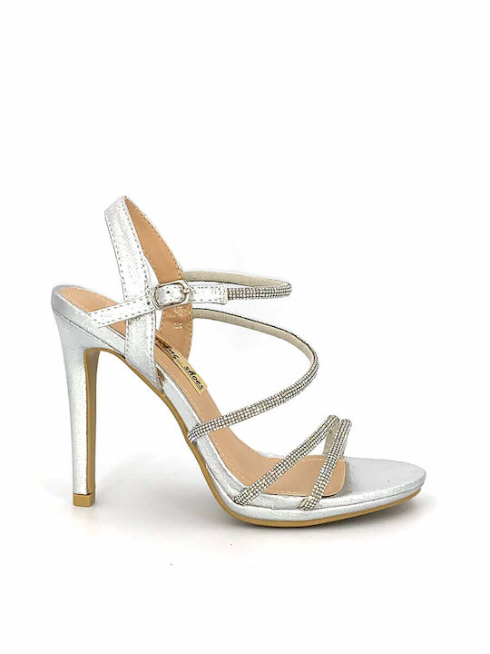 Karidis-Shoes Women's Sandals with Strass Silver with Thin High Heel