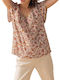 Women's Summer Blouse Short Sleeve with V Neckline Floral Orange