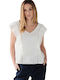 C'est Beau La Vie Women's Summer Blouse Cotton Short Sleeve with V Neck White