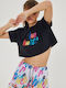 Γυναικείο Καλοκαιρινό Crop Top Βαμβακερό Κοντομάνικο Μαύρο
