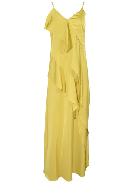 Forel Καλοκαιρινό Maxi Φόρεμα Σατέν με Βολάν Κίτρινο