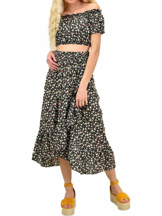 Potre Σετ με Ψηλόμεση Midi Φούστα Floral Μαύρο