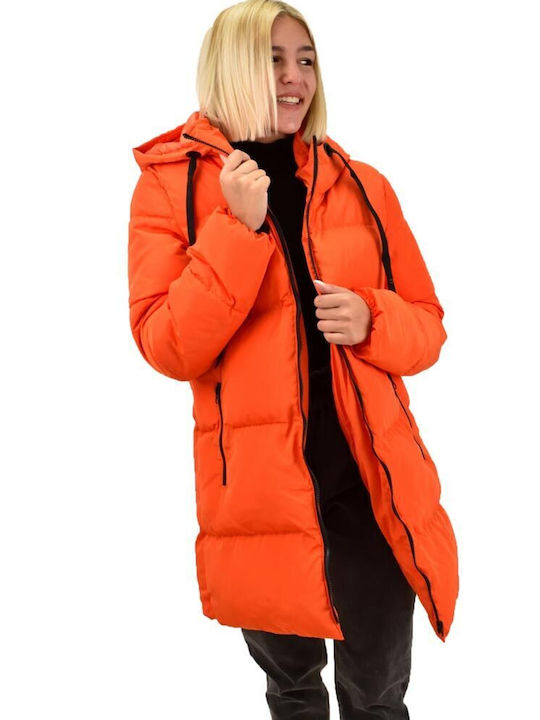 Potre Women's Long Puffer Jacket for Winter with Hood Orange