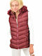 Lang Damen Ärmellos Puffer Jacke mit pelziger Kapuze für Winter Burgundisch