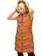 Lang Damen Ärmellos Puffer Jacke mit pelziger Kapuze für Winter Braun