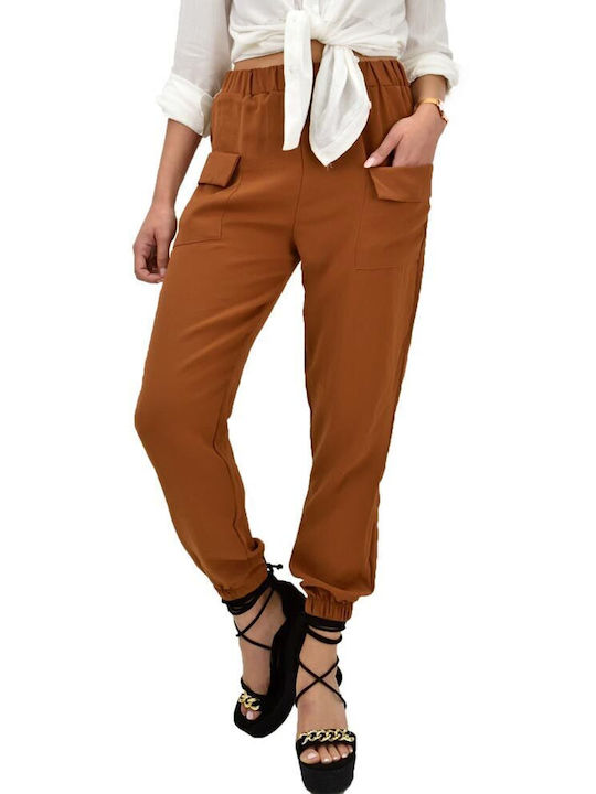 Potre Women's High-waisted Fabric Capri Trousers with Elastic in Loose Fit Brown