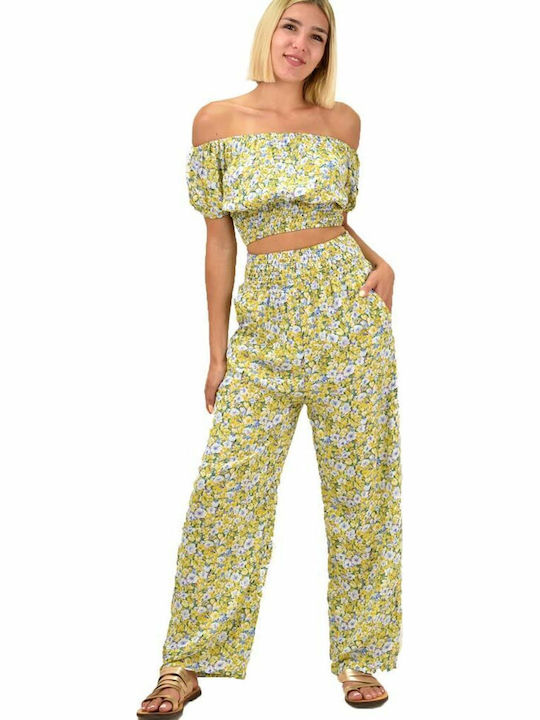Damen Gelb Set mit Hose Blumen