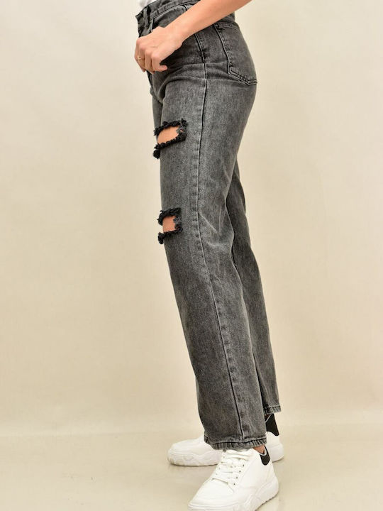 Hoch tailliert Damenjeans mit Rissen in Gerader Linie Gray