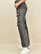 Hoch tailliert Damenjeans mit Rissen in Gerader Linie Gray