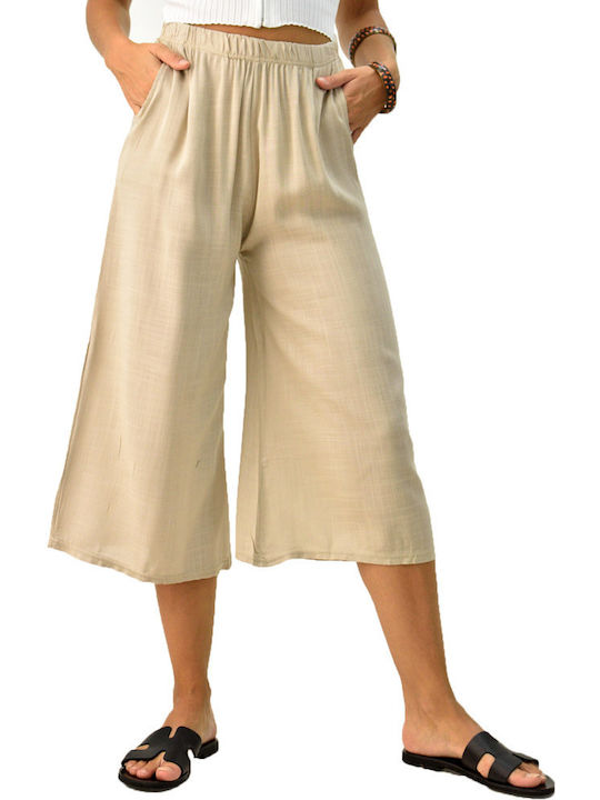 Potre Damen Hochtailliert Leinen Palazzo-Hose mit Gummizug in Gerader Linie Beige