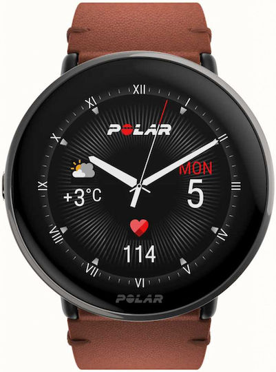 Polar Ignite 43mm Waterproof Smartwatch with Heart Rate Monitor (Titanium  with Brown Strap)