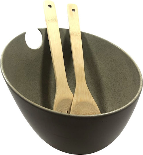 Cryspo Trio Porcelain Salad Bowl with Salad Spoons Green 24x20cm