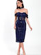 Summer Midi Evening Dress Strapless Navy Blue