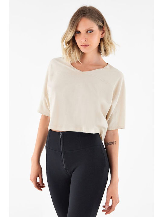 Freddy Damen Sommer Bluse Kurzärmelig mit V-Ausschnitt Beige