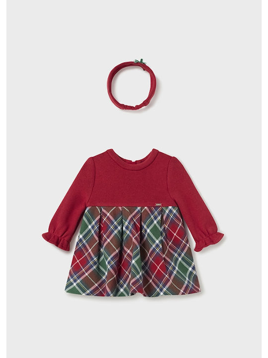 Children's Dress Long Sleeve Checked Set with Accessories Burgundy