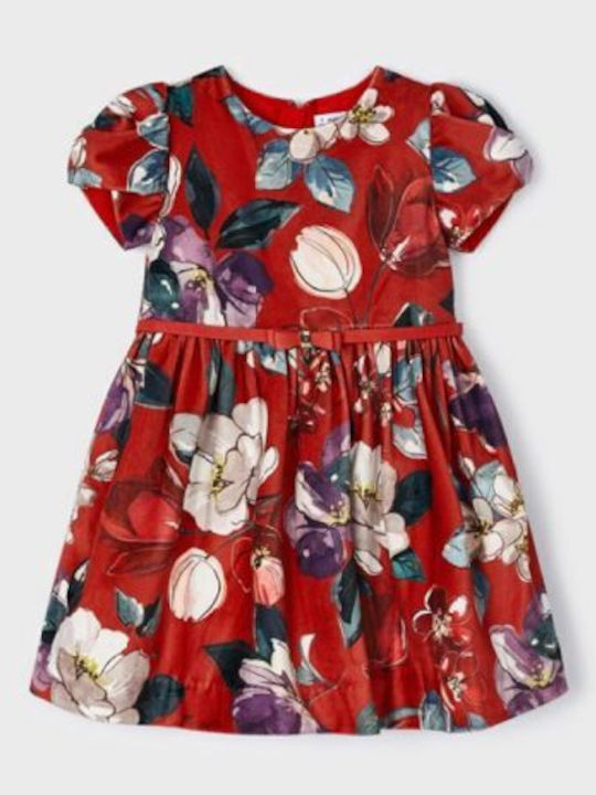 Children's Dress Short Sleeve Velvet Floral Red