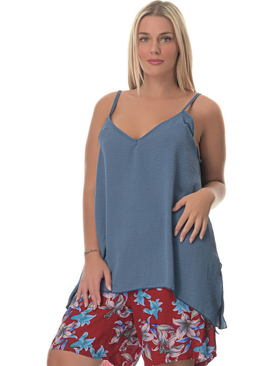 Women's Summer Blouse with Straps & V Neckline Blue