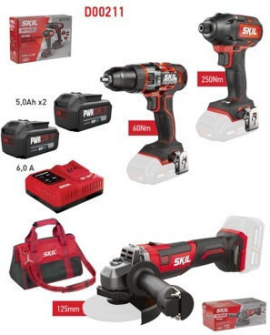 Skil D00211 Set Angle Wheel & Impact Drill Driver & Impact Screwdriver 20V with 2 Batteries 5Ah and Case