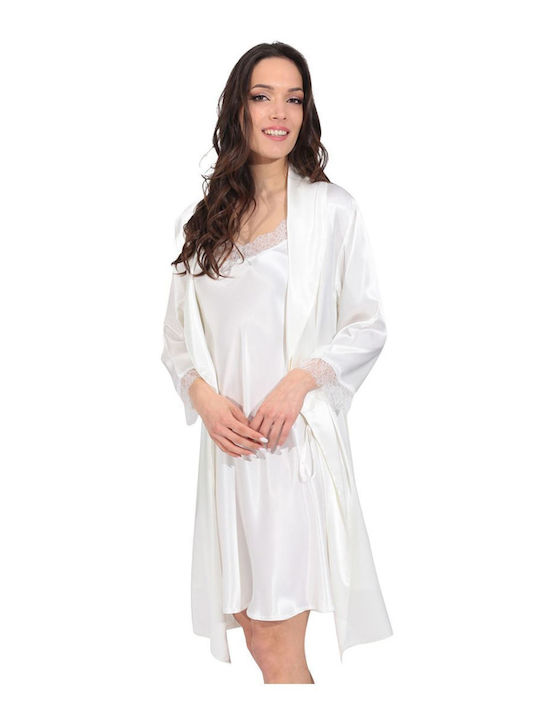 Lydia Creations Sommer Damen Satin Robe mit Nachthemd Weiß