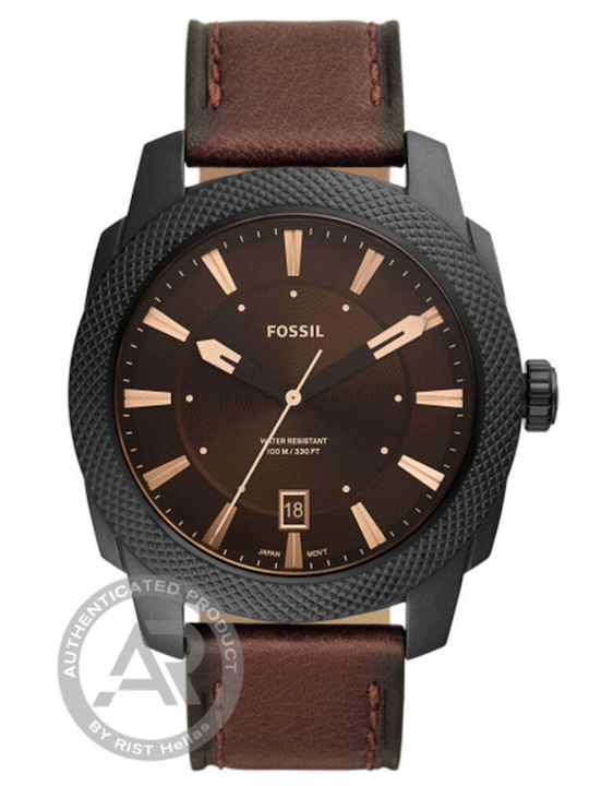 Fossil Machine Ανδρικό Ρολόι 49mm Μπαταρίας με Καφέ Δερμάτινο Λουράκι