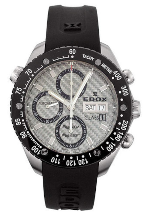 Edox Ανδρικό Ρολόι Χρονογράφος Αυτόματο με Μαύρο Καουτσούκ Λουράκι