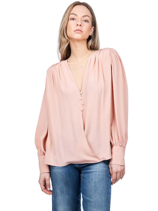 Pinko Women's Summer Blouse Long Sleeve with V Neck Pink