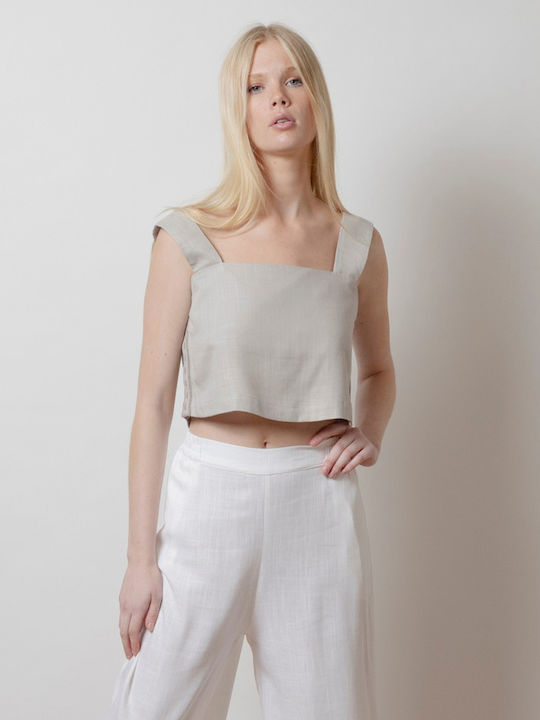 Aggel W Women's Summer Crop Top Linen Sleeveless Beige