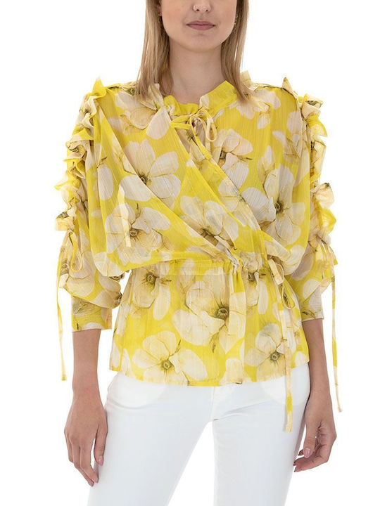 MY T Women's Summer Blouse Long Sleeve Floral Yellow