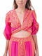 Women's Summer Crop Top with 3/4 Sleeve and V-Neck Pink