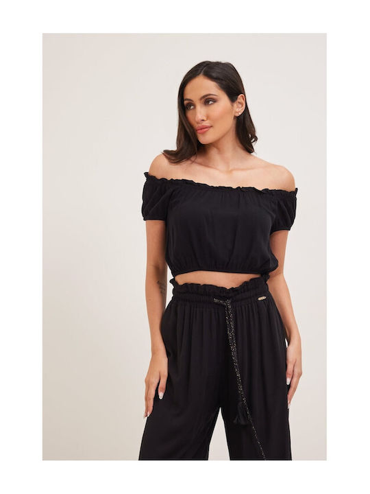 Enzzo Damen Sommer Crop Top Schulterfrei Kurzarm Schwarz