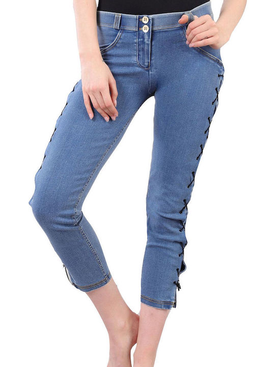 Damen Stoff Capri Hose Push Up Blau