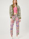Women's Fabric Trousers with Elastic Regular Fit Floral Khaki