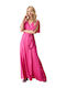 Summer Maxi Evening Dress Satin Wrap Fuchsia