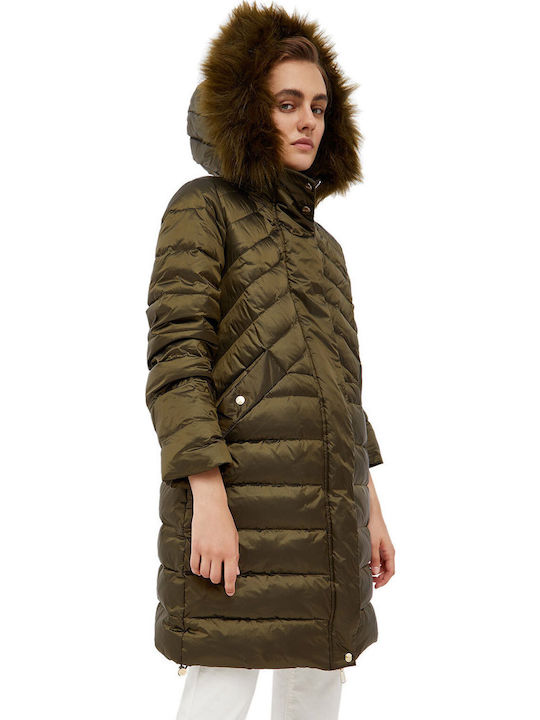 Women's Long Puffer Jacket for Winter with Hood Khaki