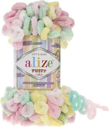 Alize Yarn for Bags Puffy Micro Polyester 5862 Pink Green Yellow 9m 100gr