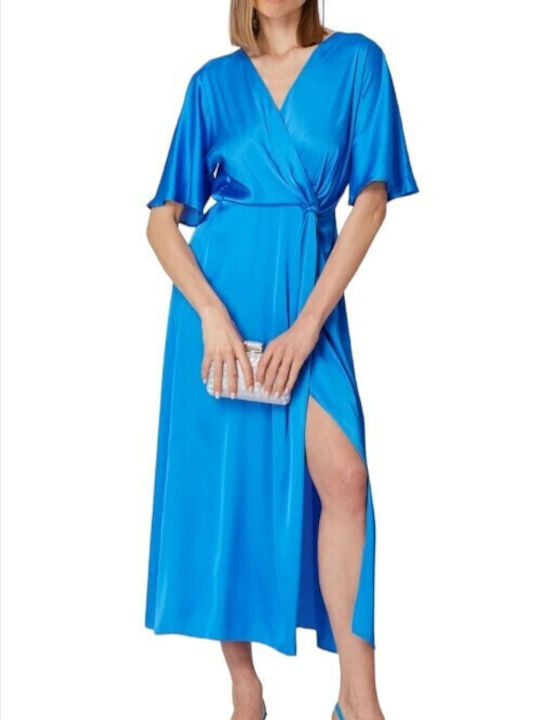BSB Καλοκαιρινό Midi Φόρεμα για Γάμο / Βάπτιση Σατέν Μπλε
