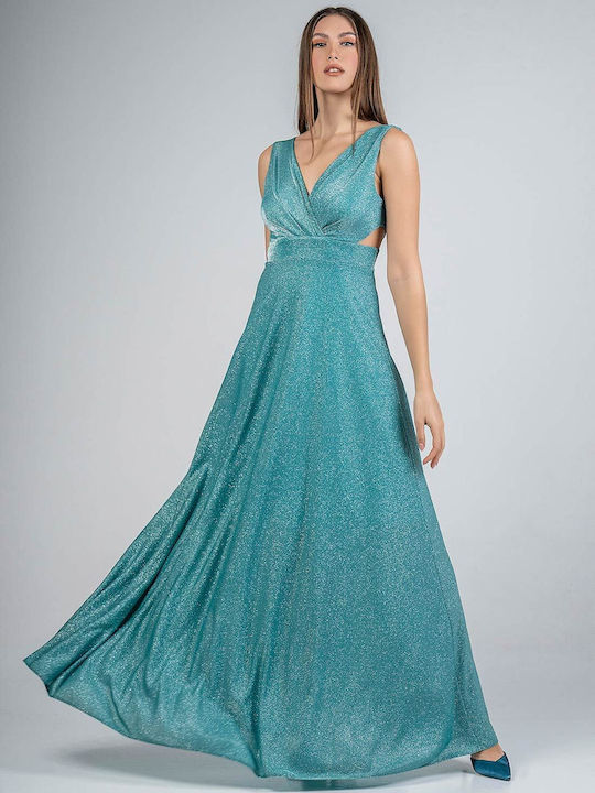 Bellino Summer Maxi Evening Dress Open Back with Sheer Turquoise