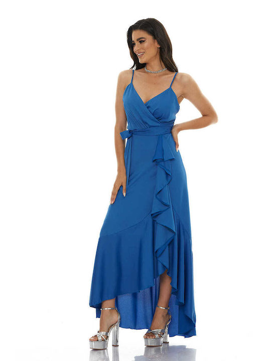 RichgirlBoudoir Maxi Evening Dress Wrap with Ruffle Navy Blue
