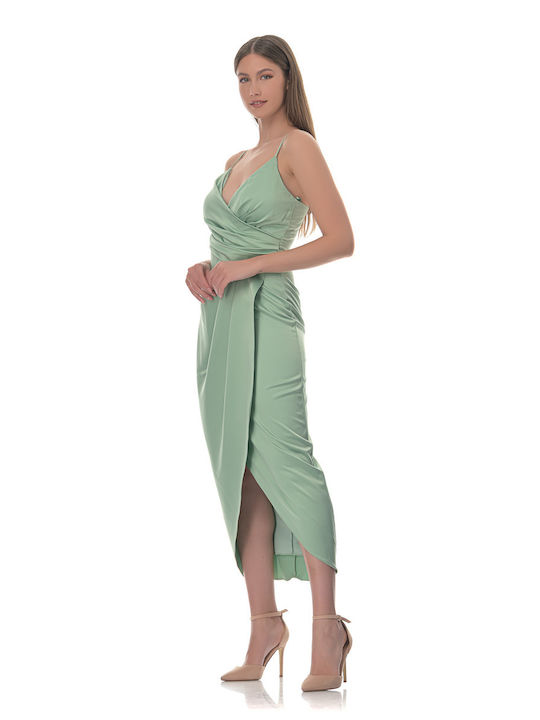 Farmaki Summer Midi Dress for Wedding / Baptism Satin Green