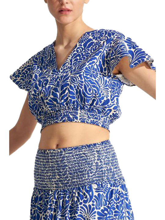 Ale - The Non Usual Casual Damen Sommer Crop Top Baumwolle Kurzarm mit V-Ausschnitt Blau