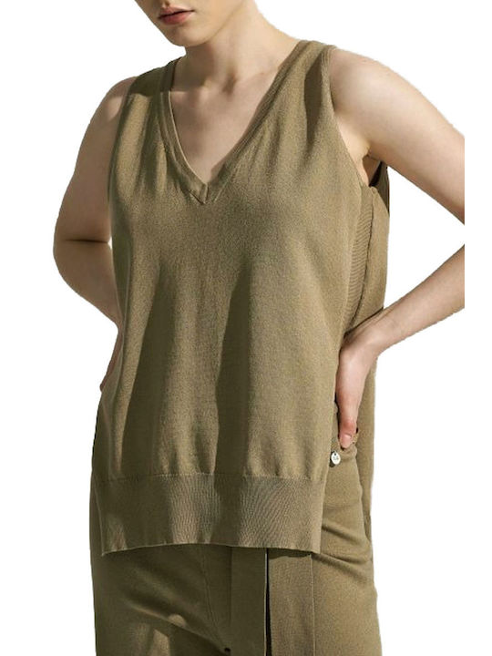 Ale - The Non Usual Casual Damen Sommer Bluse Ärmellos mit V-Ausschnitt Beige