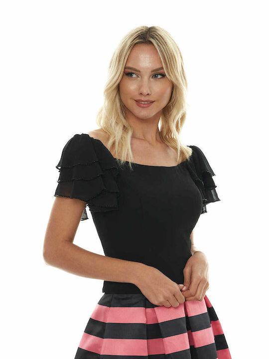 RichgirlBoudoir Women's Summer Blouse Short Sleeve Black