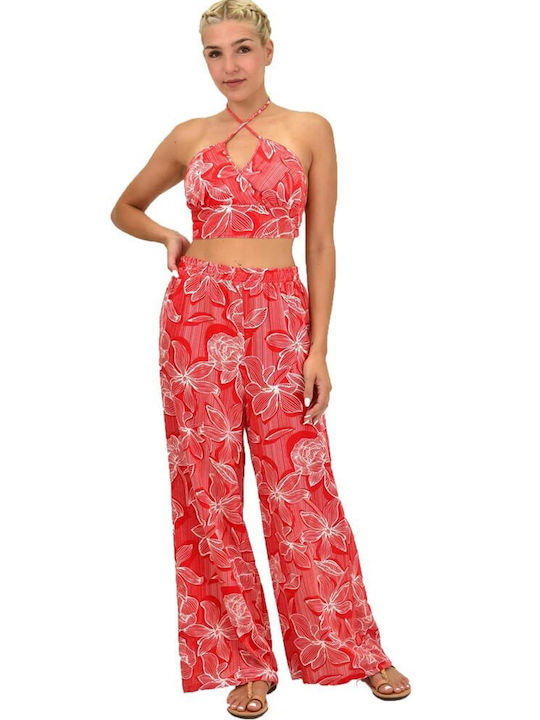 First Woman Women's Red Set with High Waist Trousers with Elastic in Straight Line Floral