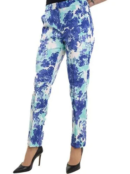 Emme Marella Women's Fabric Trousers in Straight Line Floral Light Blue