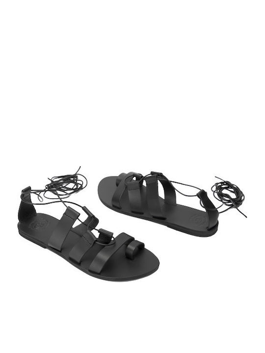 Leather Women's Flat Sandals in Black Color