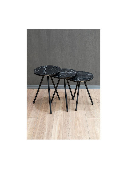 Round Side Table Uba Wooden Black Marble Finish 3 Pieces M33.5xL33.5xH52cm