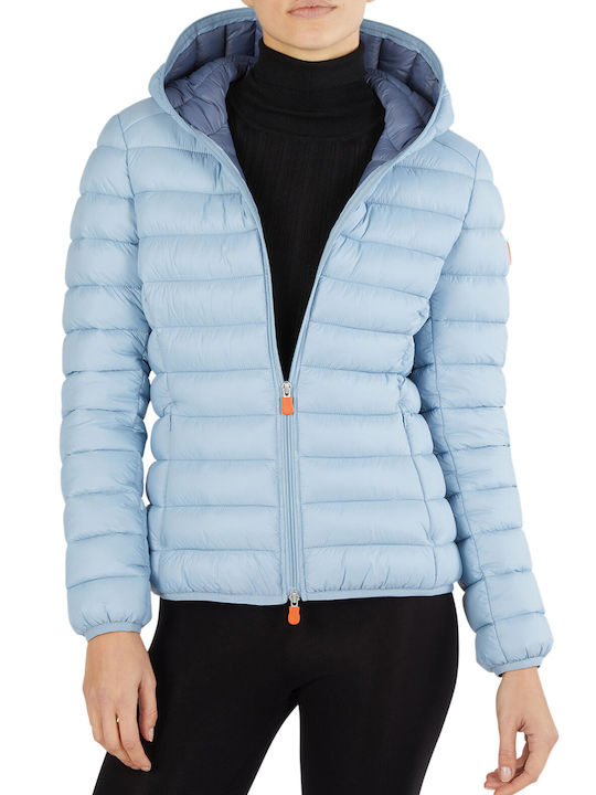 Save The Duck 'DAISY' Women's Short Puffer Jacket for Winter with Hood Light Blue