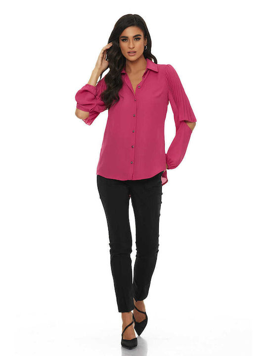 RichgirlBoudoir Women's Satin Monochrome Long Sleeve Shirt Fuchsia