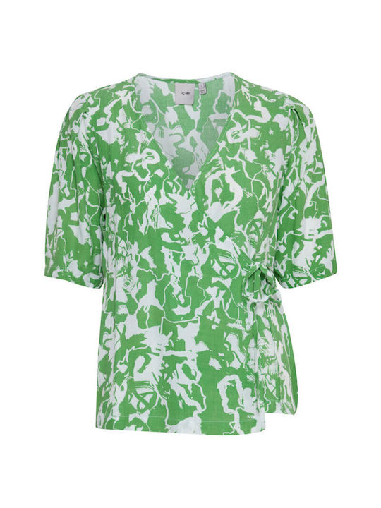 ICHI Women's Summer Blouse Short Sleeve Green